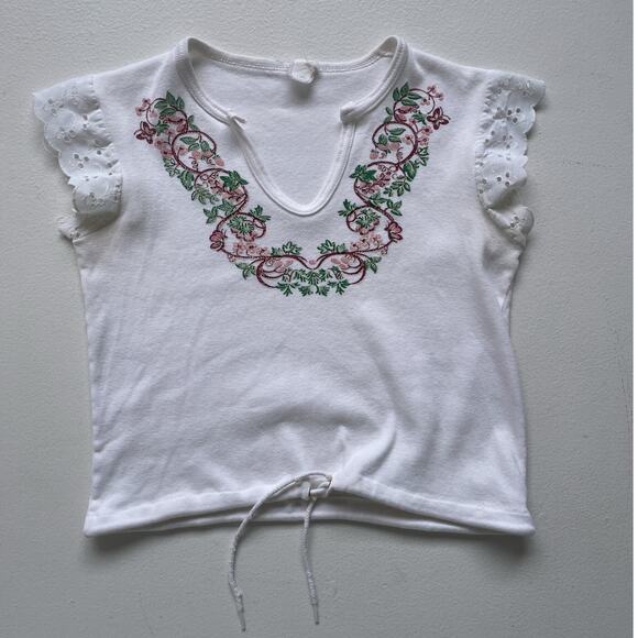 Vintage Tops - Vtg 70’s White Floral Cropped Ruffle Lace Crop Top Sz L Cotton Retro Boho Hippie